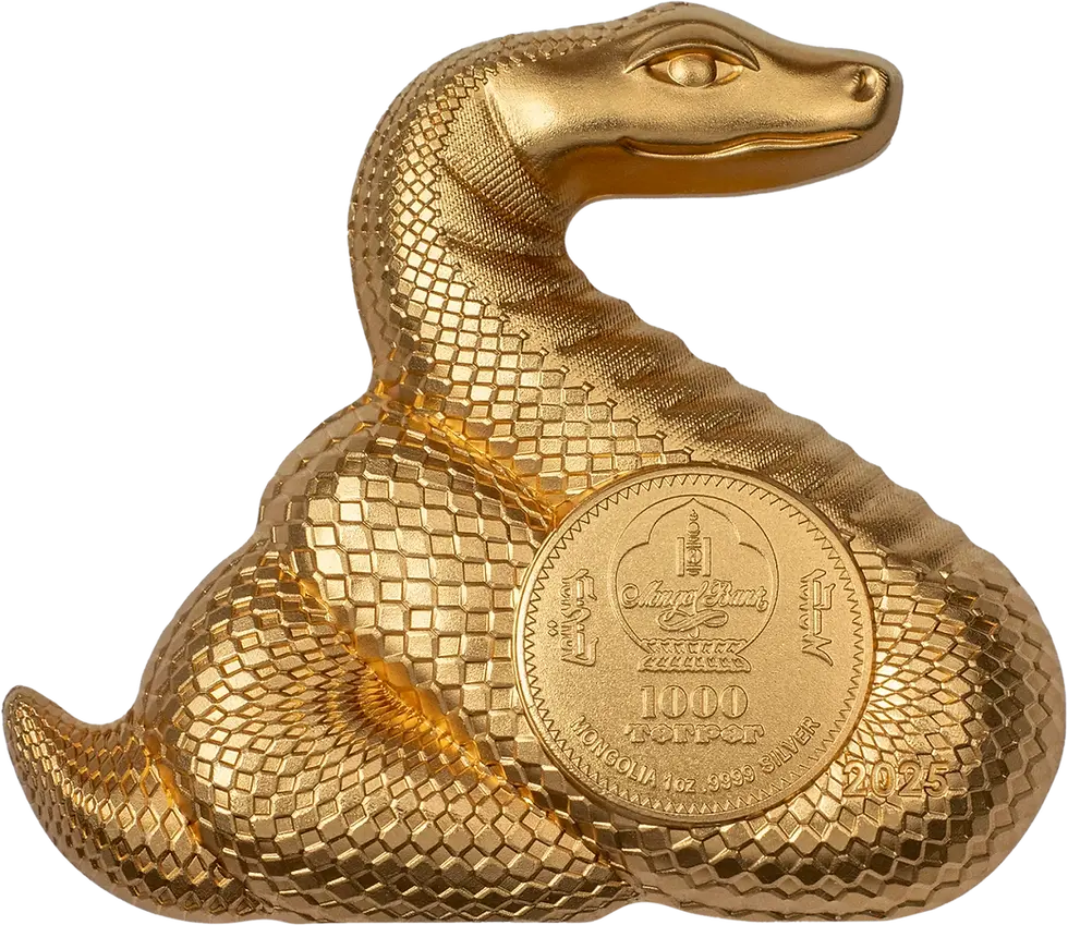 Miniatura: NIMBLE SNAKE Gilded Lunar Year 1 Oz Silver Coin 1000 Togrog Mongolia 2025