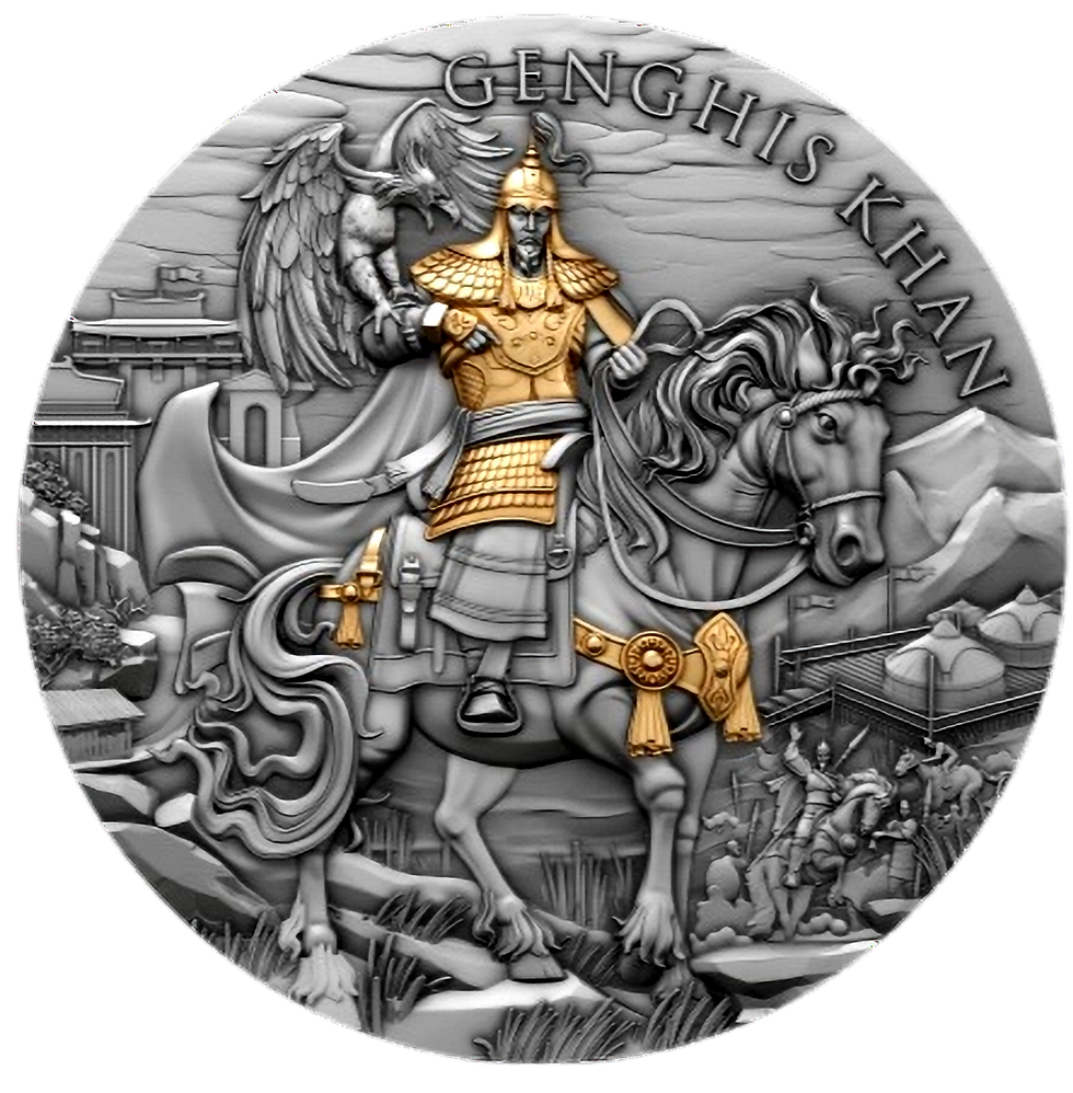 Miniatura: GENGHIS KHAN Legendary Warrior series 2oz .999 High Relief Silver $5 Niue 2024