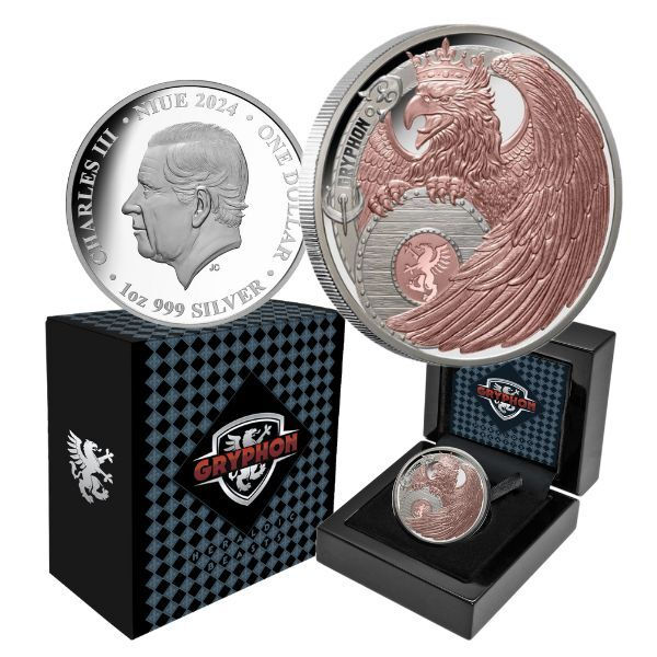 Miniatura: Heraldic Beasts - Gryphon Rose Gold Plated 1oz .999 Silver Proof $1 Niue 2024
