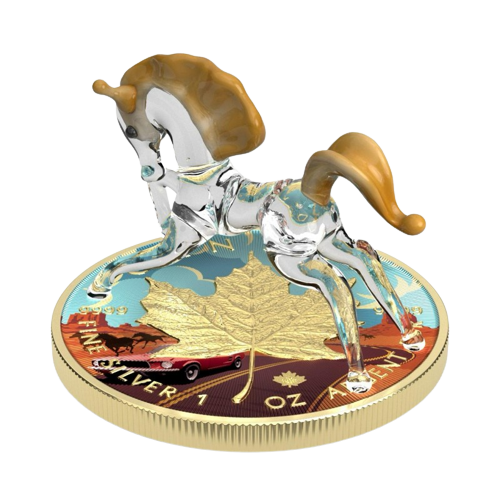 Miniaturbild: MUSTANG HORSE - Murano Glass Series - Maple Leaf 1oz .9999 Silver $5 Canada 2022