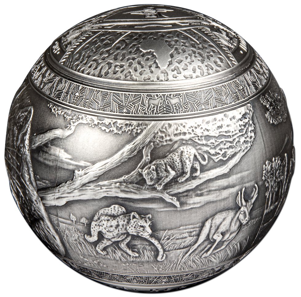 Miniatura: BIG FIVE LEOPARD Spherical 1 Kg Kilo Silver Coin 1000 Francs Djibouti 2023