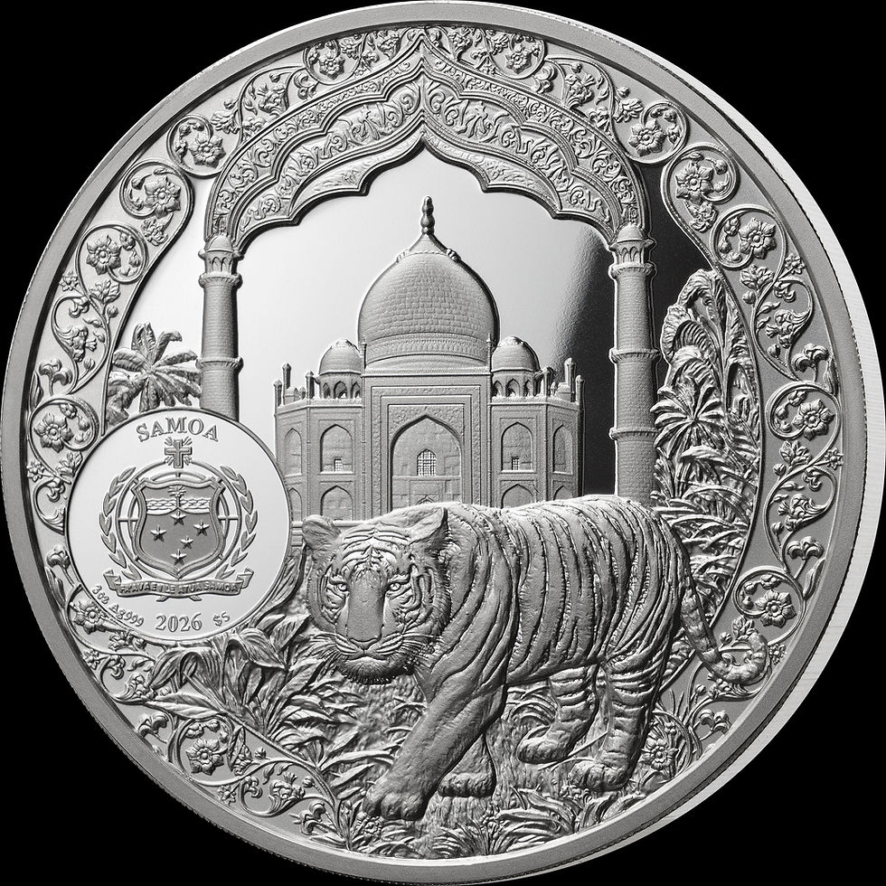 Miniatura: SCULPTURE: Taj Mahal - 3oz .999 High Relief Silver Coin - 5$ Samoa 2026