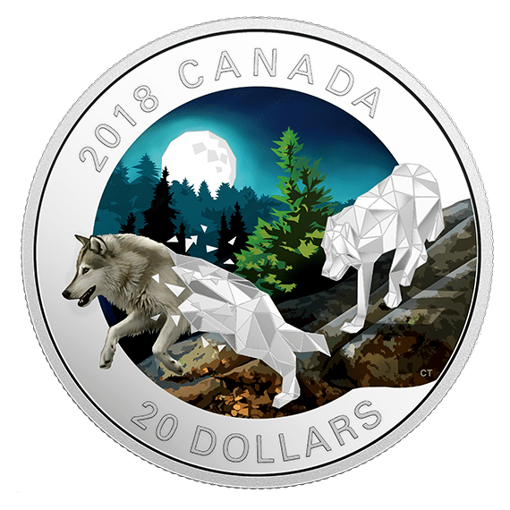 GREY WOLVES – GEOMETRIC FAUNA SERIES – 2018 $20 1 OZ FINE SILVER COIN – ROYAL CA