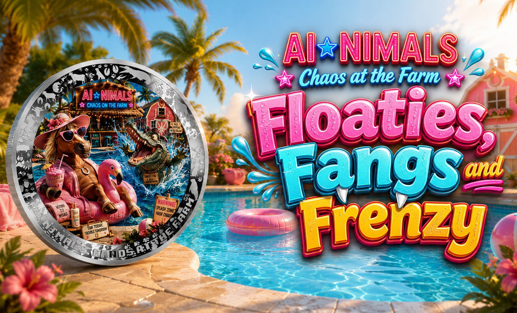 Floaties, Fangs and Frenzy: AI•NIMALS Chaos at the Farm series - 1oz .999 Silver