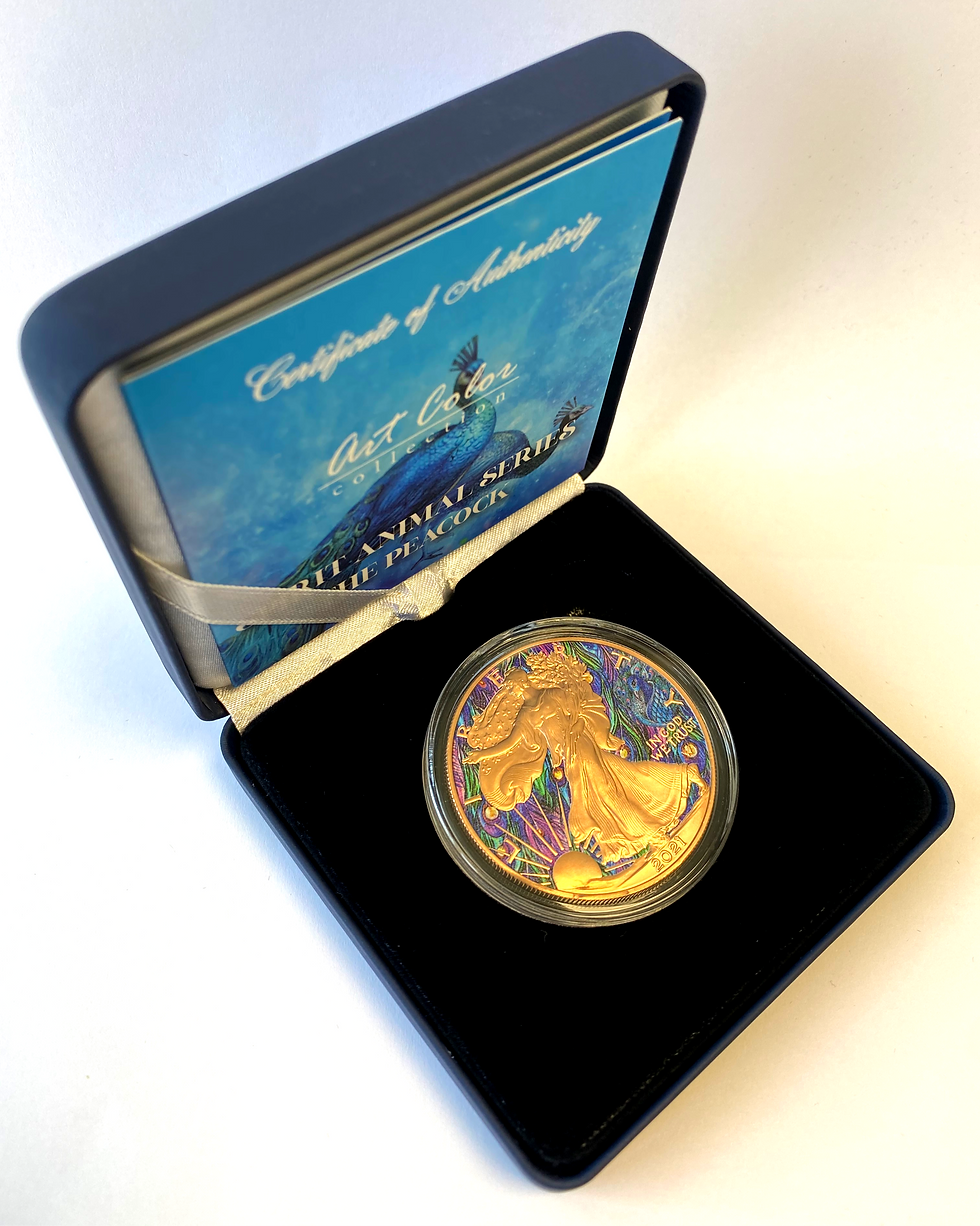 Miniatura: THE PEACOCK Spirit Animal 1oz .999 Silver $1 American Eagle Colorized 2021