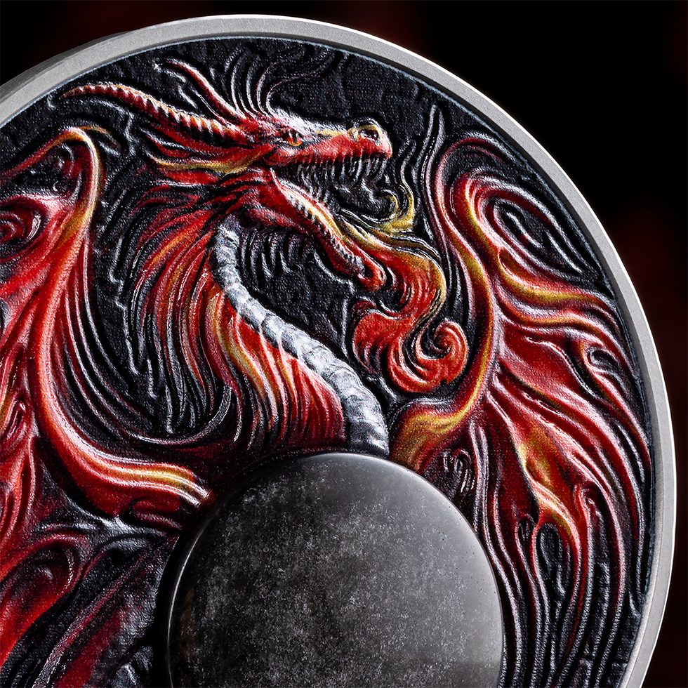 Miniaturbild: DRAGON Chronicles of Fire 2 oz Antique finish Silver Coin 10 Cedis Ghana 2024