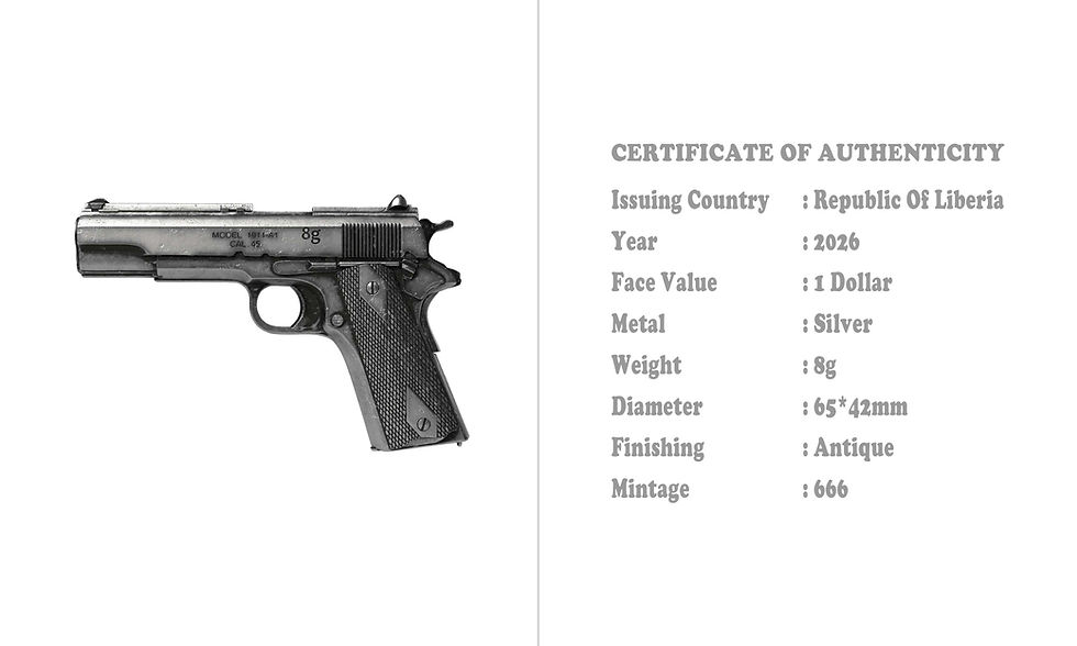 Miniatura: 2026 Liberia 3D M1911 Pistol 8g Silver Coin Blind Box