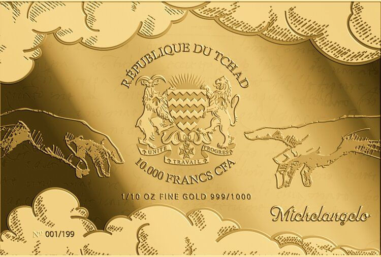 Miniatura: Michelangelo 550th Birthday Creation Of Adam 1/10oz .999 Gold in Wooden Frame