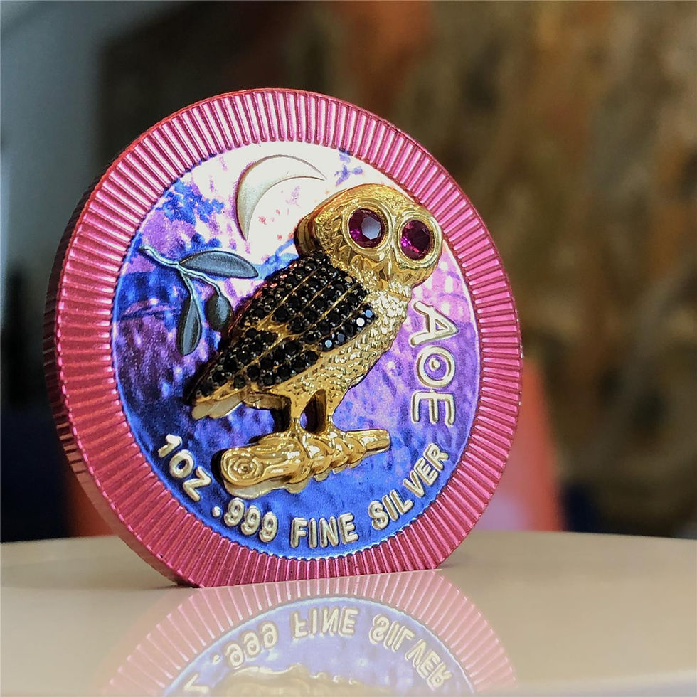 Miniatura: Athenian Owl Purple Night 1 Oz Silver Coin Swarovski Crystals 2$ Niue 2021