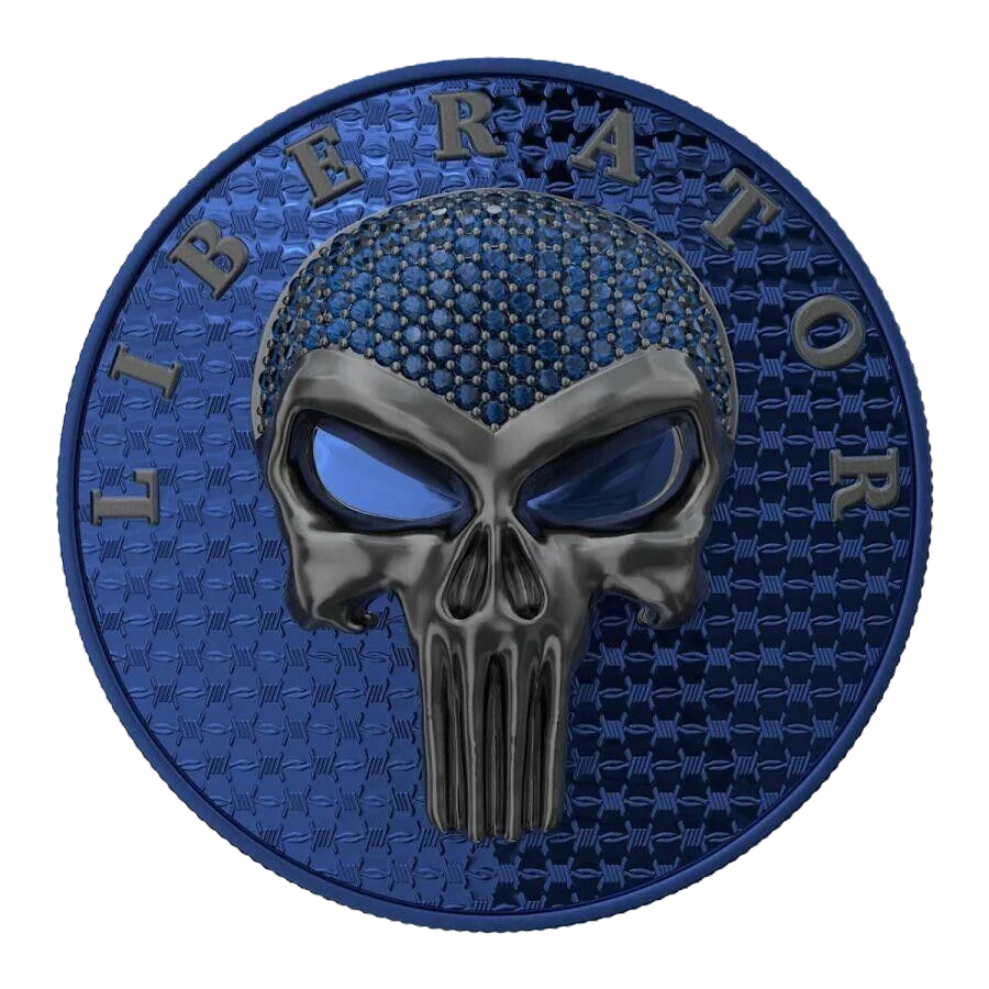 Thumbnail: 1 Oz Silver Coin Dark Side 2021 THE LIBERATOR Skull Ruthenium / Blue Swarovski