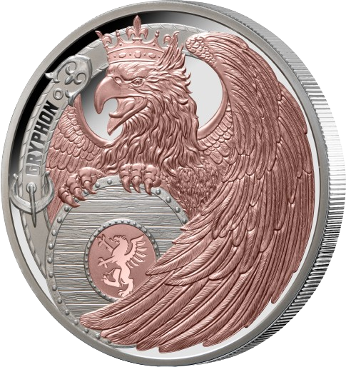 Miniatura: Heraldic Beasts - Gryphon Rose Gold Plated 1oz .999 Silver Proof $1 Niue 2024