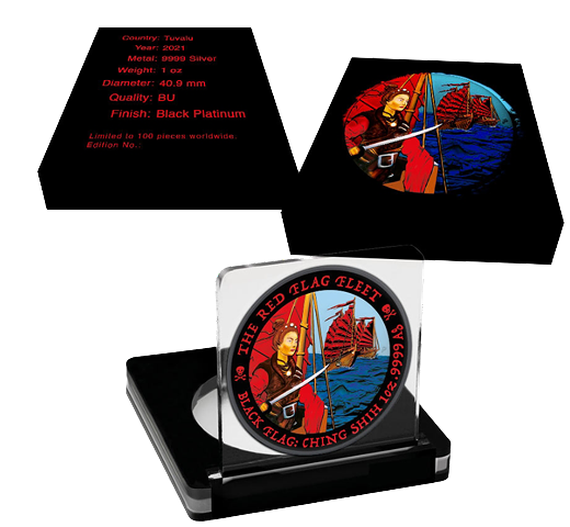 Miniatura: 2021 1oz $1 Tuvalu Silver Black Flag The Red Flag Fleet Black Platinum Colorized