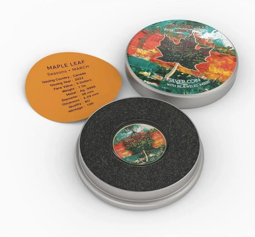 Miniaturbild: 2022 Canada $5 1oz 999.9 Silver Maple Leaf Seasons March Bejeweled Leaf Insert