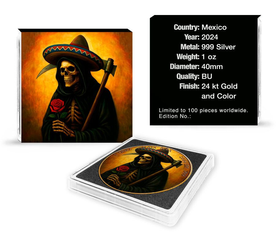 Thumbnail: 2024 1 oz Mexican Libertad Grim Reaper Sombrero 24k Gold Gilded Colorized Silver