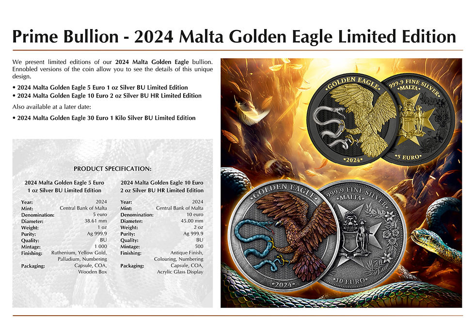 Miniature : 2024 Malta Golden Eagle 10 Euro 2 oz 999.9 Silver BU HR Limited Edition