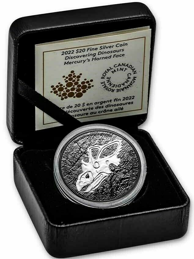 Miniature : 2022 Canada Discovering Dinosaurs Mercury's Horned face 1 oz Silver Rhodium