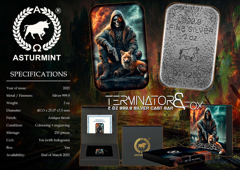 Miniatura: Terminator & Fox by Asturmint 2 oz 999.9 silver cast bar
