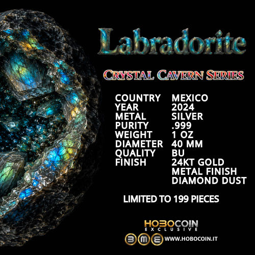Thumbnail: Labradorite: CRYSTAL CAVERN SERIES - 1oz .999 Silver Coin - Mexico Libertad 2024
