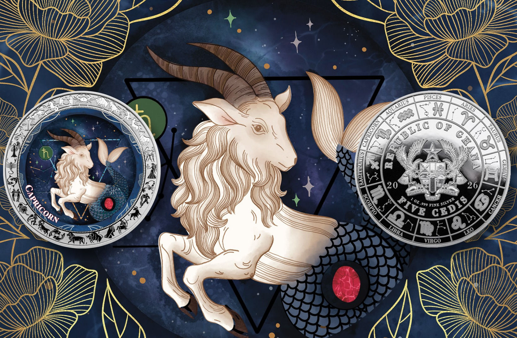 Capricorn: Aquarelle Zodiac series - 1oz .999 Silver Coin - 5 Cedis Ghana 2026