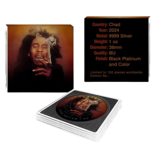 Thumbnail: 2024 1 oz Chad Cannabis Bob Marley Black Platinum Colorized Silver Coin
