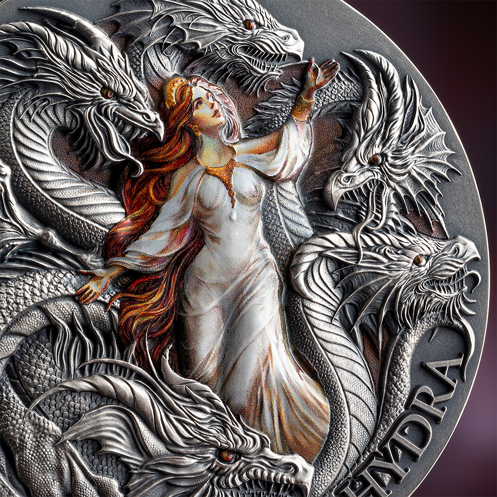 Miniatura: MYTHICAL HYDRA The Dragonology 2 oz Antique finish Silver Coin Cameroon 2025