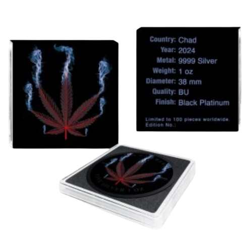 Thumbnail: 2024 1 oz Chad Cannabis Smoke Black Platinum Colorized Silver Coin