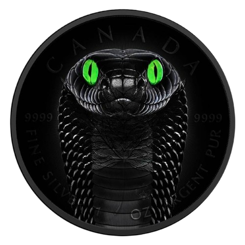Miniatura: MAPLE LEAF Black Cobra with Glow In The Dark Eyes 1oz Silver Coin 5$ Canada 2024