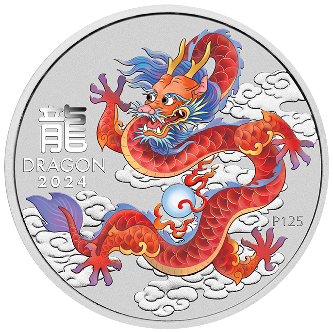 Miniatura: 2024 Australia Red Lunar Dragon BU Colorized 1 oz Silver Coin in Capsule