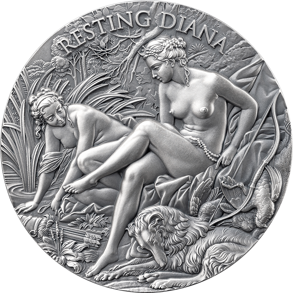 Miniatura: Resting Diana Celestial Beauty 2 oz Antique finish Silver Coin Cameroon 2025