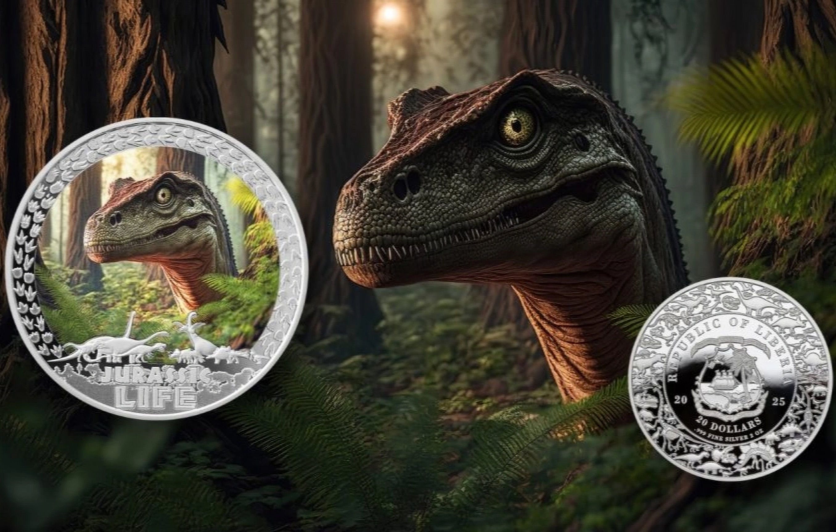 Velociraptor - Jurassic Life series - 2oz .999 Silver $20 Liberia 2025