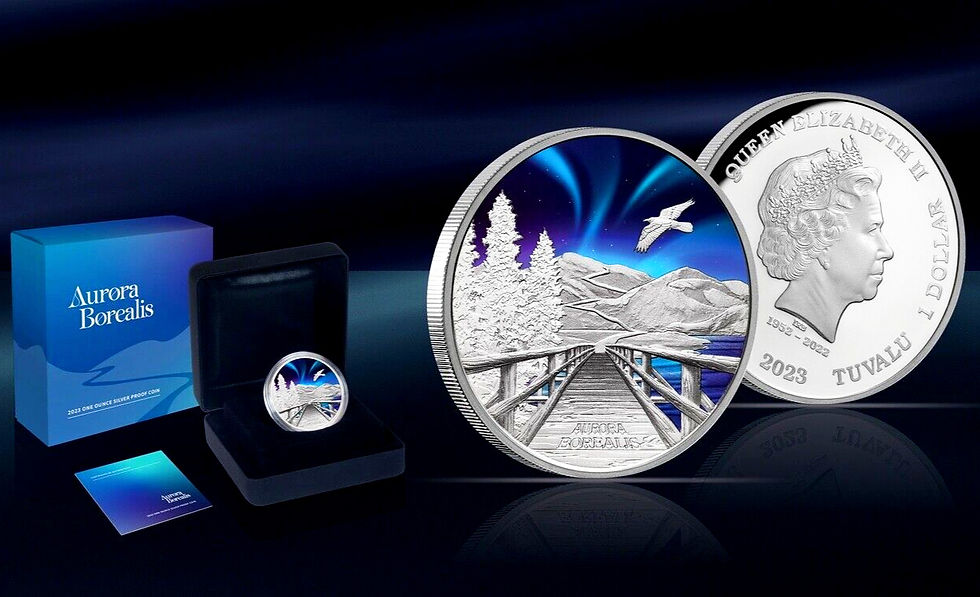 Miniature : AURORA BOREALIS Northern Lights 1 Oz Silver Color Proof OGP $1 Tuvalu 2023
