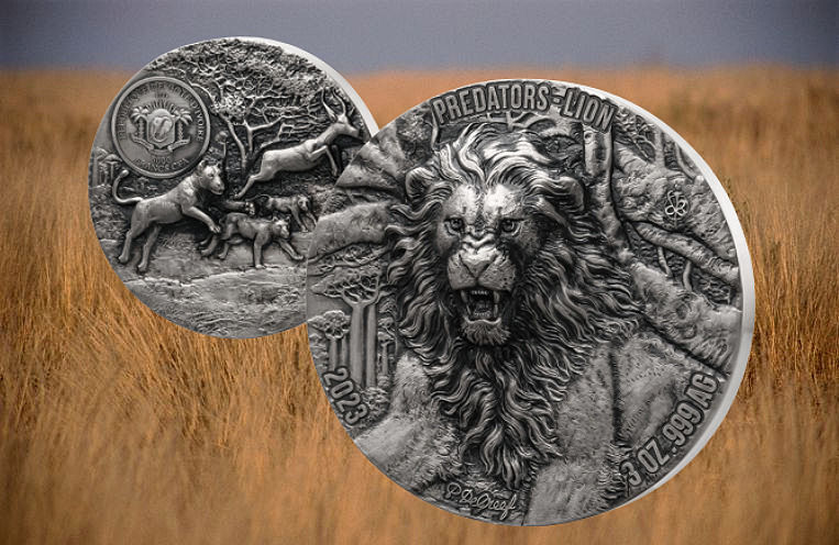 Miniature : PREDATORS Lion 3 oz .999 Silver High Relief P.Degreef Ivory Coast 2023