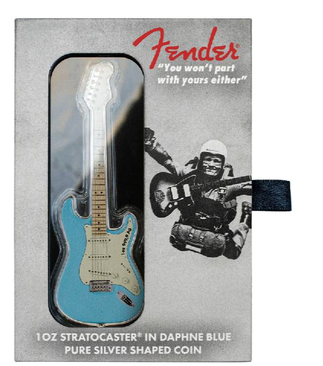 Miniatura: 2023 Silver Fender Stratocaster Guitar Shaped 1 oz Coin - Daphne Blue