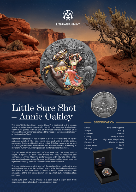 Miniatura: Little Sure Shot - 2oz .999 Antiqued Silver Coin - 5$ Liberia 2026