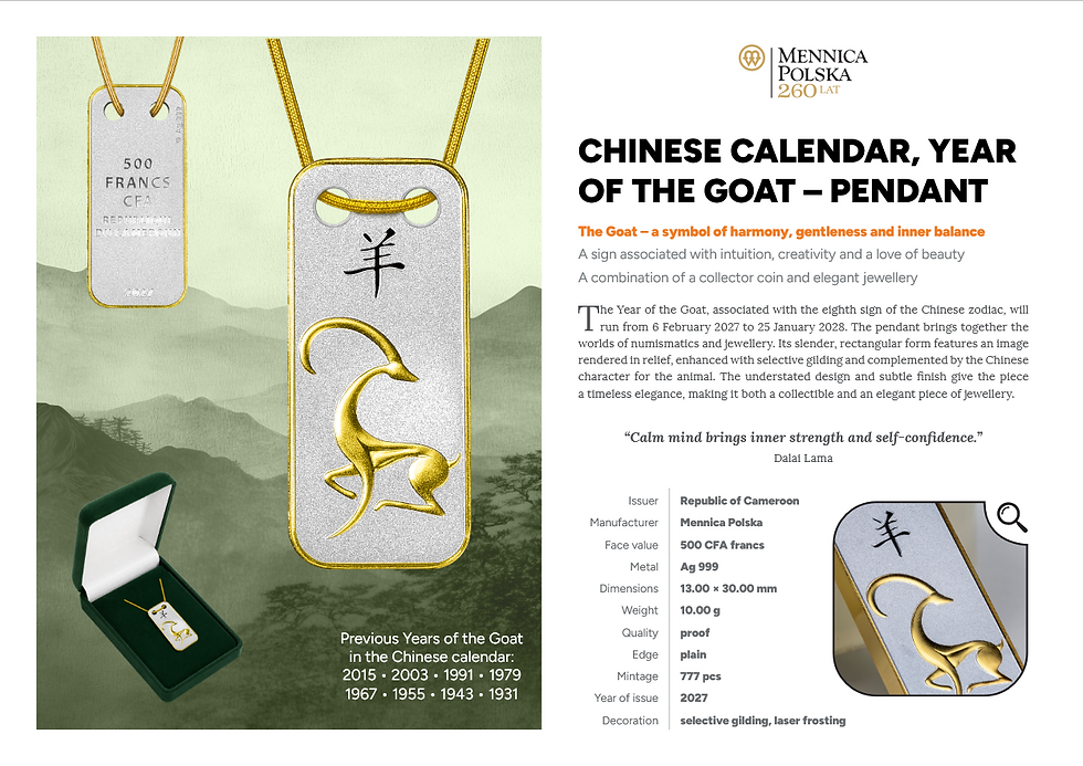 Thumbnail: Chinese Calendar: Year of the Goat 10g .999 Silver Pendant - 500F Cameroon 2027