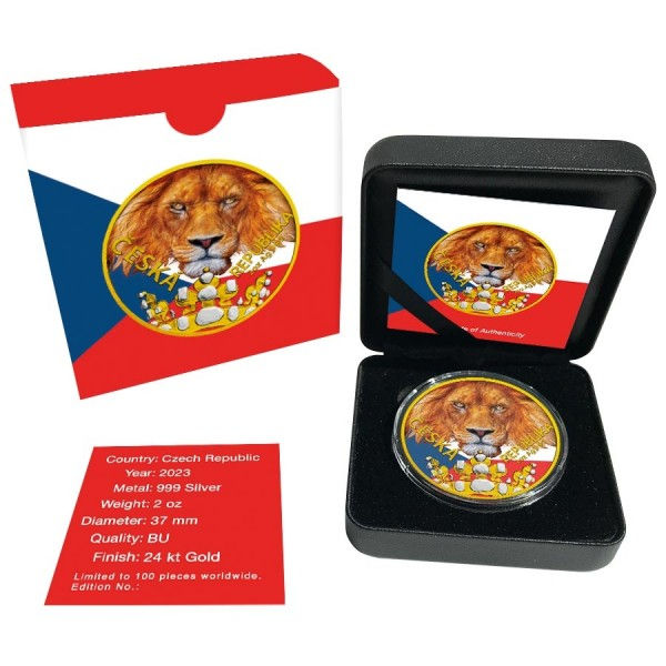 Miniatura: 2023 2 oz $2 NZD Niue Silver Czech Lion Stand FLag Colorized Gilded Coin