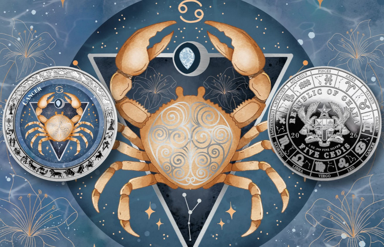Cancer: Aquarelle Zodiac series - 1oz .999 Silver Coin - 5 Cedis Ghana 2026