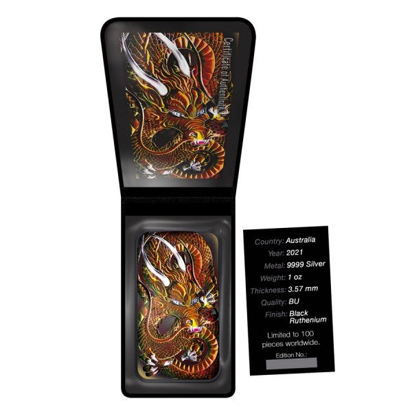 Miniatura: 2021 1oz Australia 9999 Fine Silver Rectangle Dragon Black Ruthenium Colorized