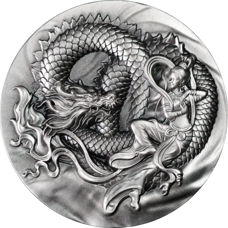 Miniature : Flying Apsaras at Mogao Caves with Dragon 2 oz Silver Coin $5 Niue 2024