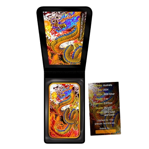 Miniatura: 2024 1 oz Australia Silver Rectangle Yellow Dragon 24k Gold Gilded Metallic Coin