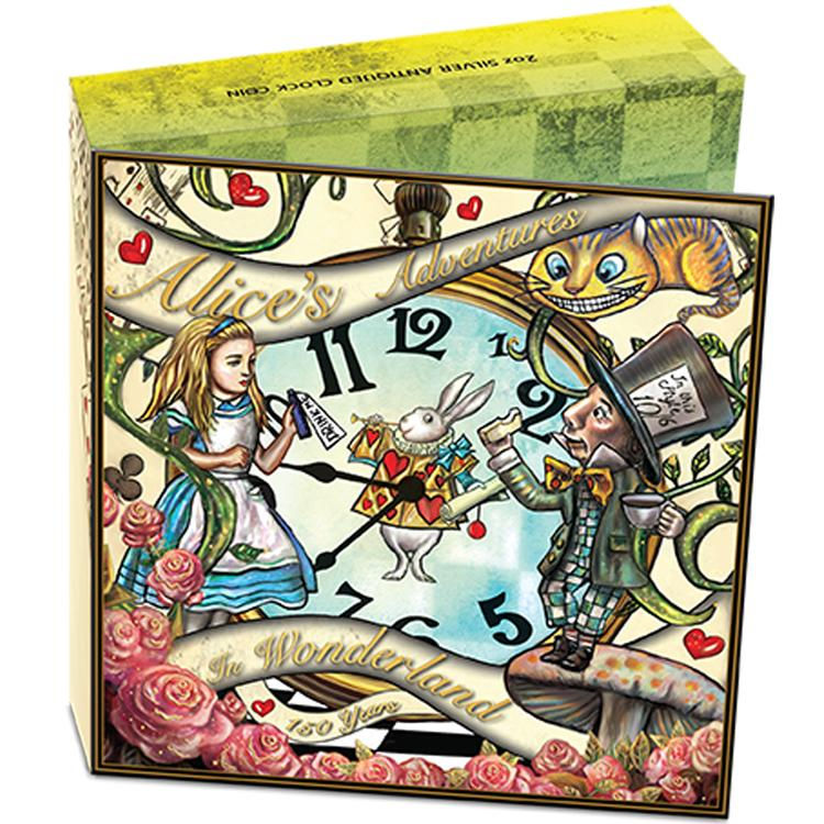 Thumbnail: Alice In Wonderland 150th 2oz .999 Silver Antiqued Clock Coin $2 Tuvalu 2015