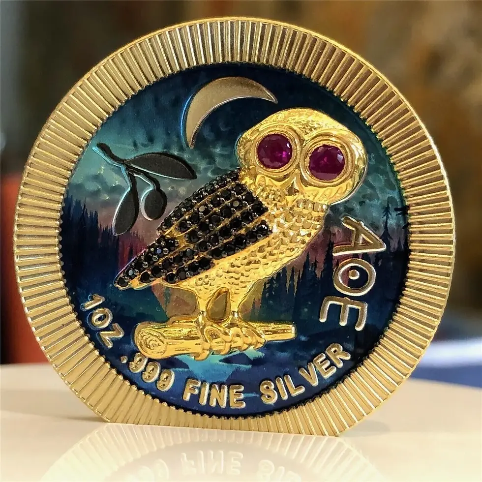 Thumbnail: Athenian Owl – Gold in Forest – Swarovski Crystals 1oz Silver $2 Niue 2021