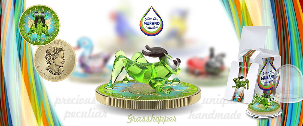 Miniature : GRASSHOPPER Murano Glass Maple Leaf 1 Oz Silver Coin 5$ Canada 2022