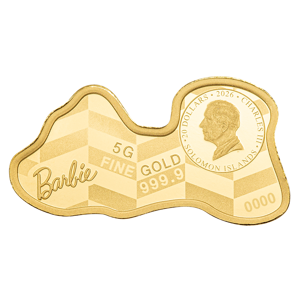 Miniature : 2026 5 gram Solomon Islands Barbie .9999 Gold Proof-like Shaped Coin Bar
