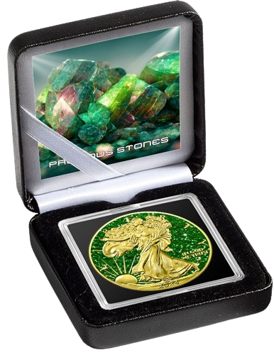 Miniature : GREEN TOURMALINE Precious Gemstones 1 Oz Silver Coin 1$ USA 2024