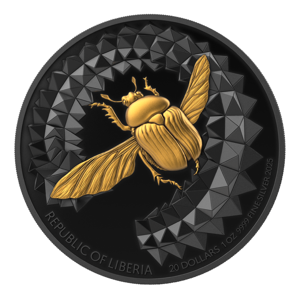 Miniature : ENTOMA SCARABEO 1 oz 999.9 High Relief Ruthenium Dark Gilded  $20 Liberia 2025