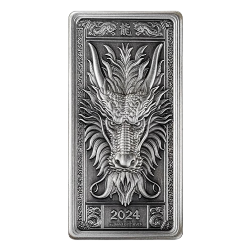 Miniatura: Dragon Bar - High Relief Antiqued - 1 oz Silver Coin $1 Fiji 2024