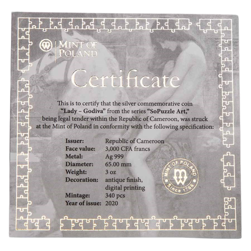 Thumbnail: LADY GODIVA John Collier So Puzzle Art 3 oz 999.9 Silver Cameroon 2020