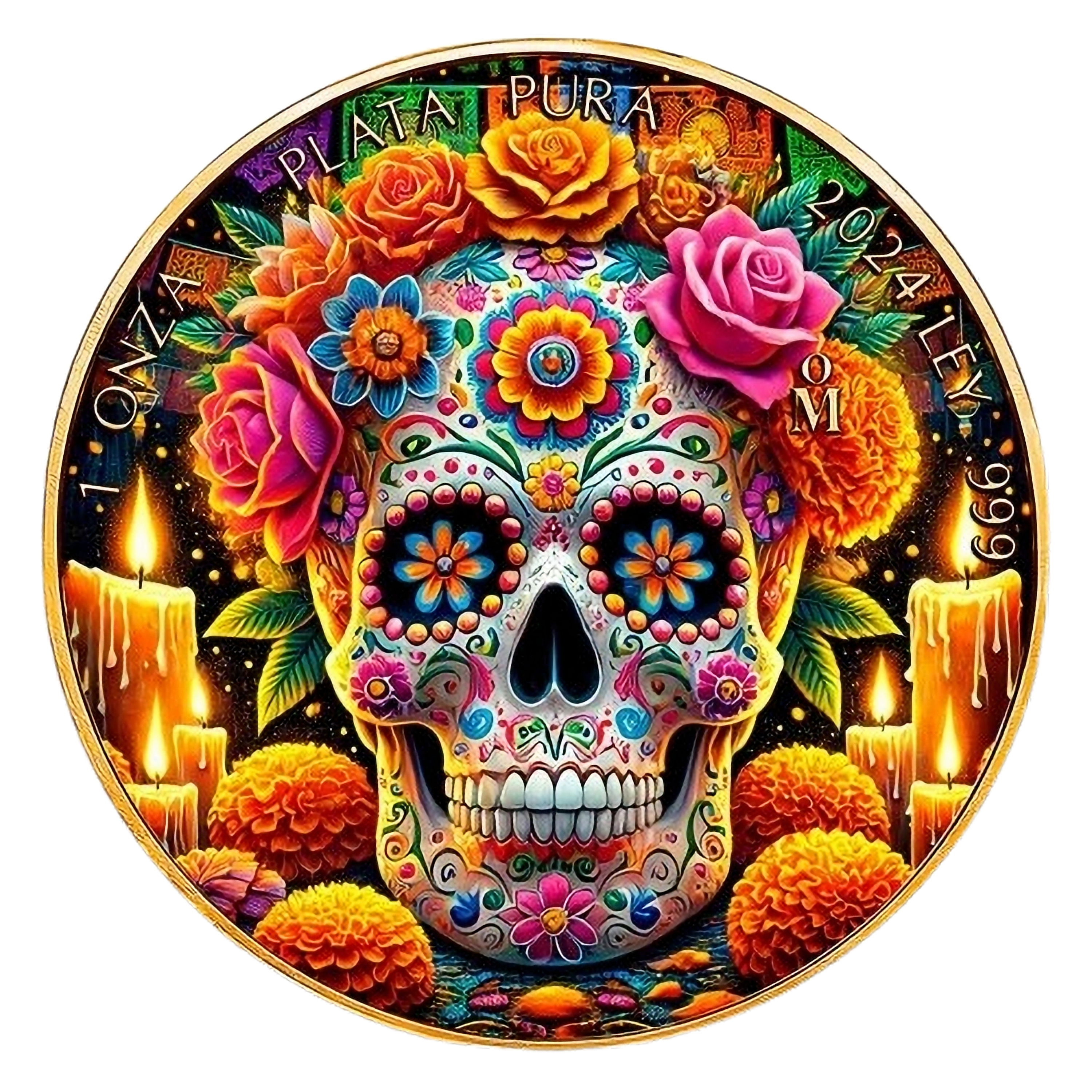 Dia de Los Muertos 24k Gold Gilded 1oz Colorized Silver Coin Mexico 2024