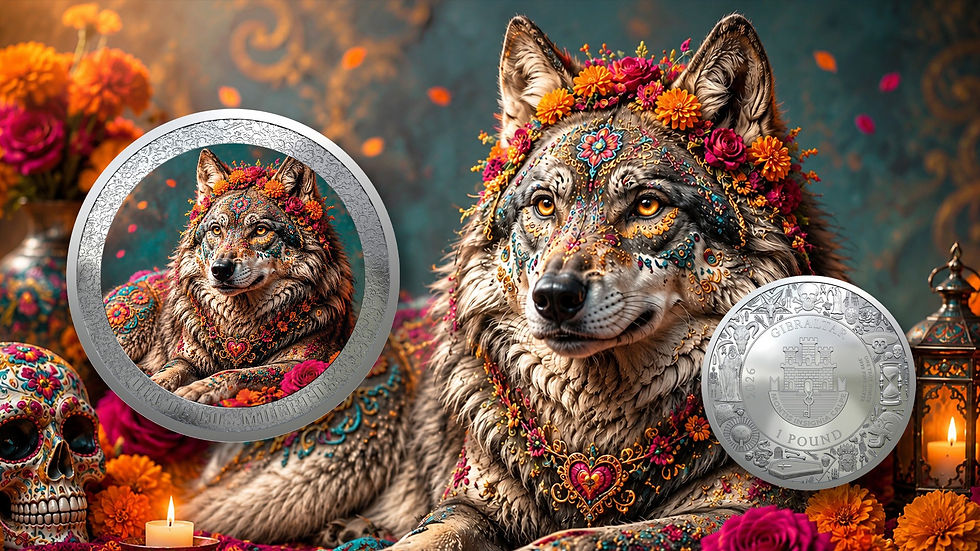 Thumbnail: Spirit Wolf: Dia de los Muertos series - 1oz .999 Silver Coin - Gibraltar 2026